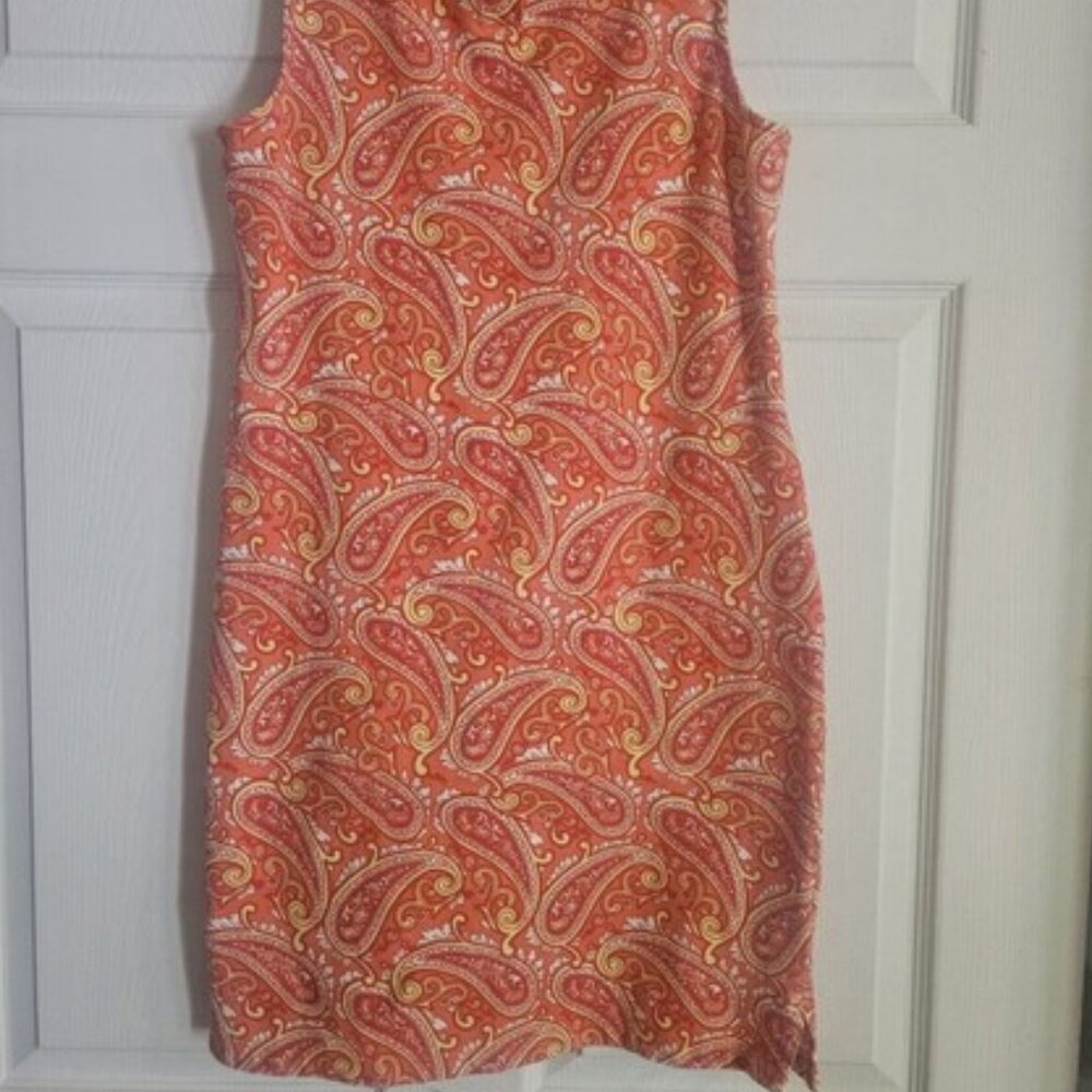 =Women's Orange Paisley Print Sleeveless Collared Dress=